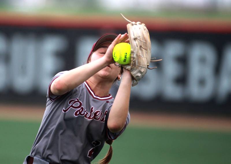 Lockport's Marie Baranowski gets a catch in the infield during a IHSA Class 4A state semifinal game against Barrington on Friday, June 13, 2025 at the Louisville Slugger Sports Complex in Peoria.