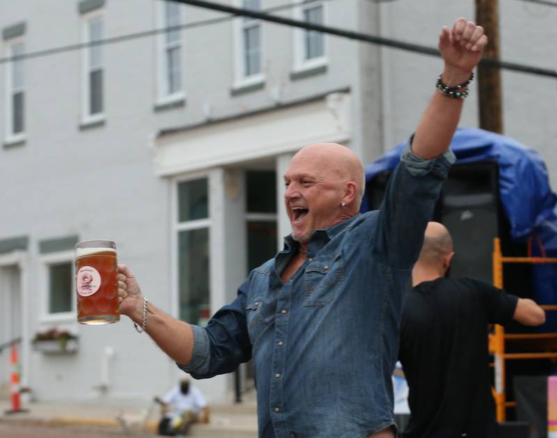 Mike Jamen of Yorkville, reacts after winning the beer stein competition during the Oktoberfest event on Saturday, Oct. 18, 2025 at Rotary Park in Princeton.