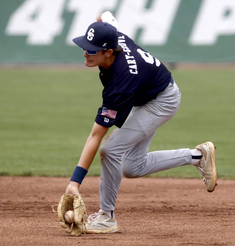 Cary-Grove's Ricky Barnes fields the ball during the IHSA Class 3A Grayslake Central Sectional Championship baseball game against Crystal Lake South on Saturday, June 7, 2025, at Grayslake Central High School.