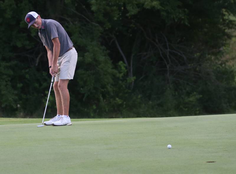 Bryer Harris puts during the Illinois Valley Mens Golf Championship Tournament on Sunday, July 27, 2025 at Spring Creek Golf Course in Spring Valley.
