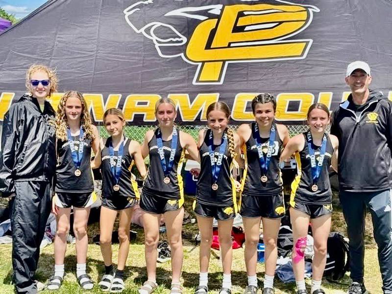 The Putnam County seventh-grade girls brought home four state medals from Saturday's IESA Class 1A State Track & Field finals in East Peoria with Anni Judd taking part in all four events. The PC state contingent consisted of Coach Brianna Legner (from left), Brynn Zimmerlein (alternate), Trenity Thomas (alternate), Mylee Christiansen, Anni Judd, Emily Konczak, Chloe Christiansen and Coach Jimmy Carboni.