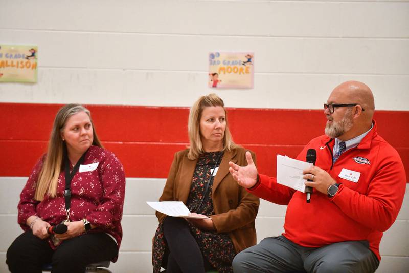 Bradley Elementary District 61 principals Mark Kohl, right, of Bradley Central, Anna Kirchner, center, of Bradley East, and Trisha Anderson, of Bradley West, speak about challenges at their schools during a panel discussion Tuesday at a community stakeholder event at Bradley West Elementary.