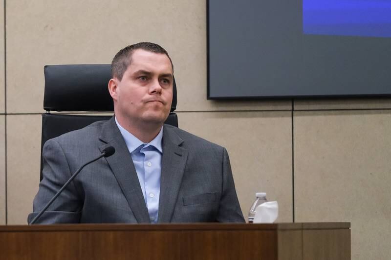 Jeremy Boshears, 36, becomes emotions while giving testimony on the events that transpired the night of Kailtyln Kearns death. Boshears is charged with the murder of Kaitlyn “Katie” Kearns, 24, on Nov. 13, 2017. Wednesday, April 27, 2022, in Joliet.