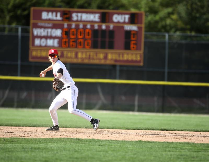 Batavia’s Jacob Aseltine throws to first for an out during a home game against Geneva on Monday, April 29, 2024.