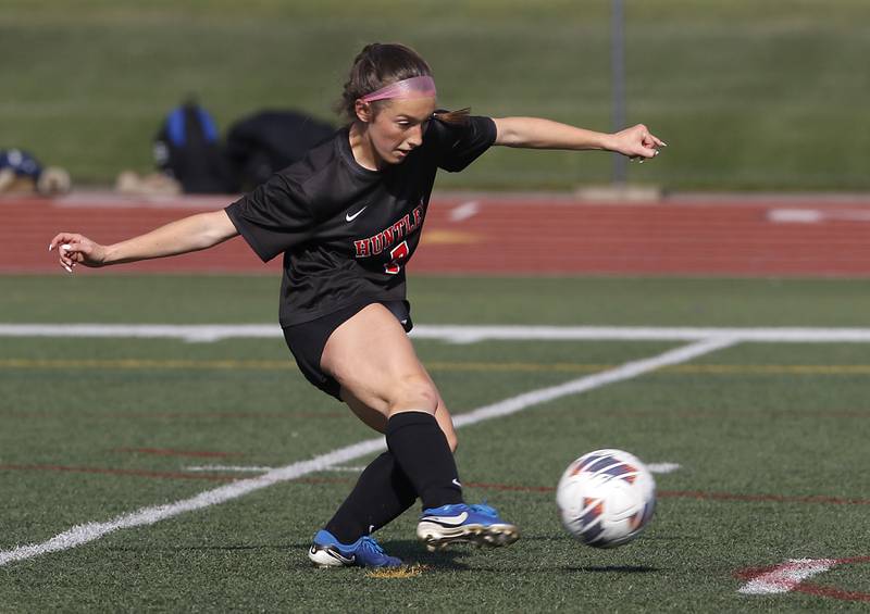 Huntley's Kate Sandora takes a penally kick during the IHSA Class 3A Huntley Girls Soccer Regional championship match against Jacobs on Friday, May 23, 2025, at Huntley High School.