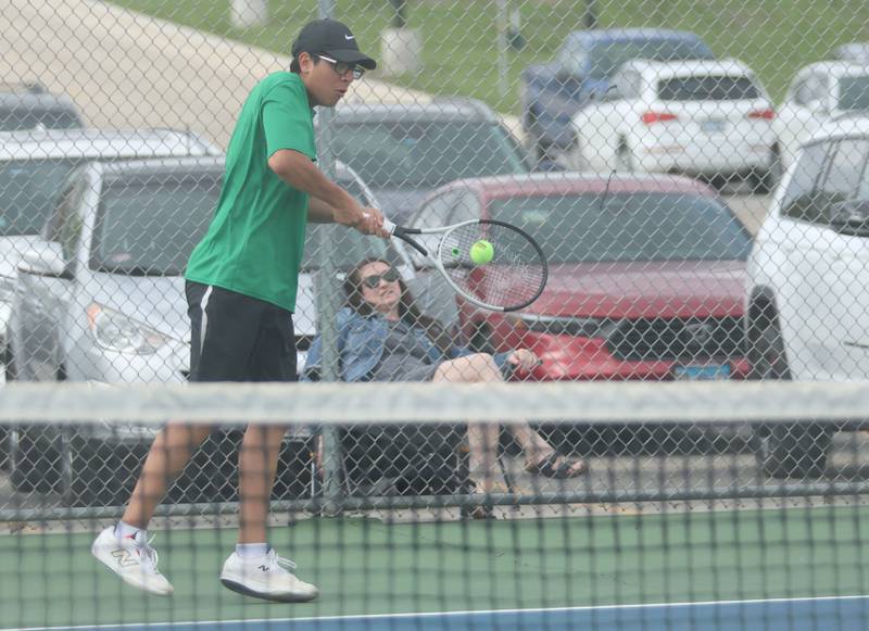L-P's Drego Mondragon returns a serve on Tuesday, April 21, 2026 in the Henderson-Guenther Tennis Facility at Ottawa High School.