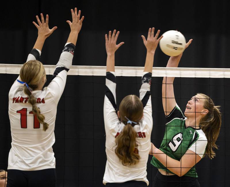 Rock Falls’ Kayla Hackbaerth hammers a shot against Erie-Prophetstown Thursday, Sept. 11, 2025.