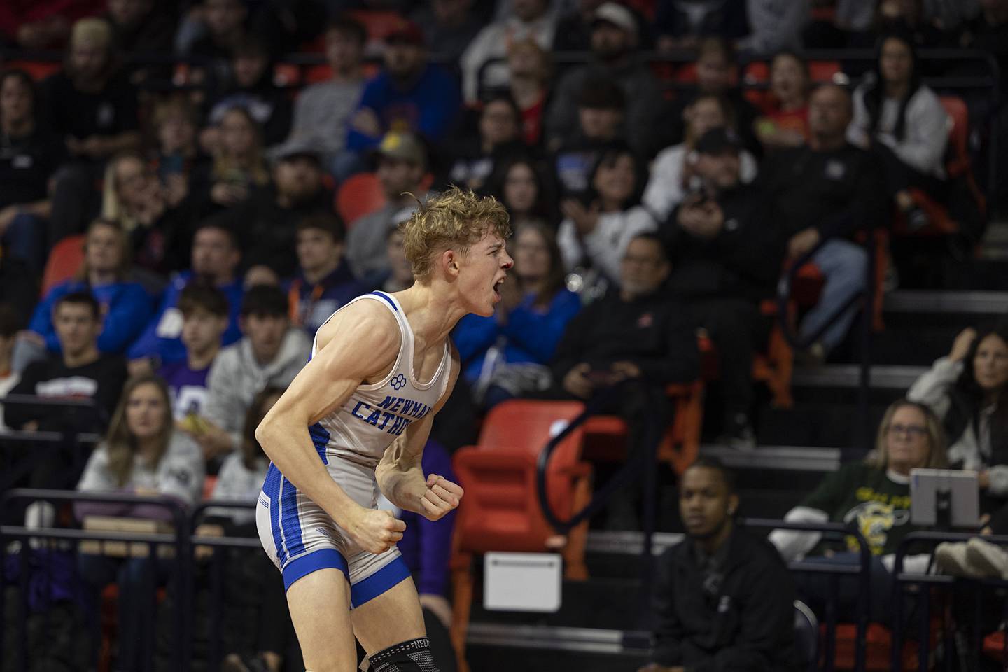Newman’s Landon Near celebrates after winning the state 1A 113 pound title Saturday, Feb. 21, 2026, at the IHSA wrestling finals in Champaign.