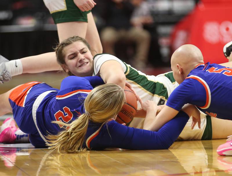St. Bede's Savannah Bray fights for a loose ball with Okawville's Madisyn Wienstroer and Alayna Kraus during the Class 1A State semifinal game on Thursday, Feb. 29, 2024 at CEFCU Arena in Normal.