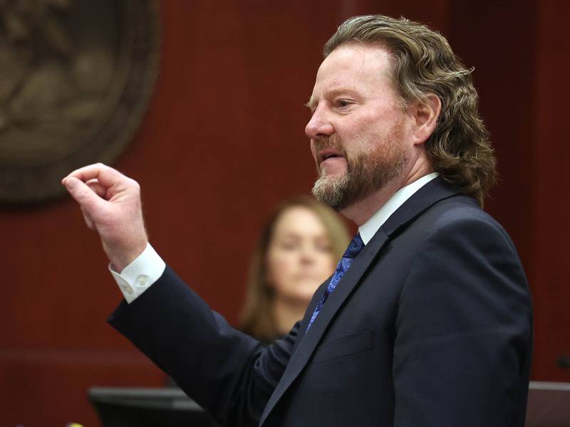 Lead prosecutor Scott Schwertley responds to the defense team’s closing argument Thursday, Jan. 30, 2025, during day six of the Jonathan D. Hurst trial at the DeKalb County Courthouse in Sycamore. Hurst is charged in the 2016 killings of elderly mother and son Patricia and Robert Wilson in Sycamore.