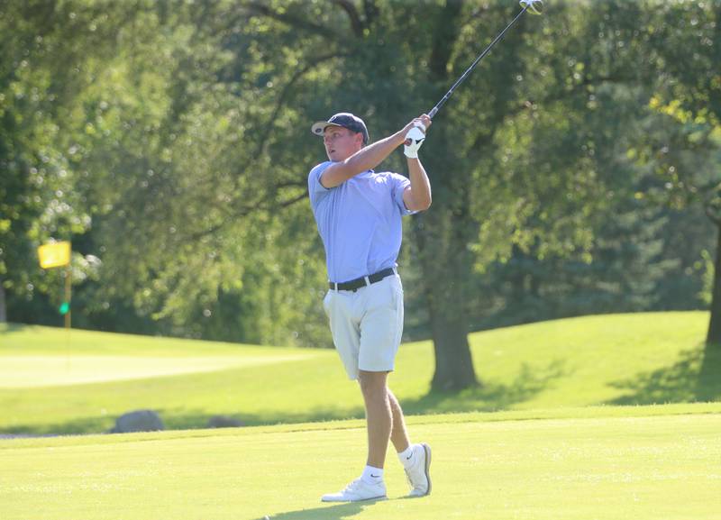 Caleb Dzierzynski tees off during the Illinois Valley Mens Golf Championship on Sunday, July 30, 2023 at Senica's Oak Ridge golf course in La Salle.