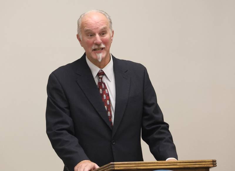 Edward "Ed" Jauch, a former Spring Valley police officer and drug enforcement agent, speaks during a meet and greet on Tuesday, Nov. 18, 2025 at the Prouty Building in Princeton.  Jauch announced his bid in May 2025. He has 34 years of law enforcement experience.