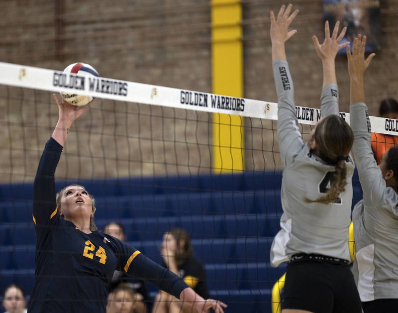 Sterling’s Carley Sullivan plays the ball against Galesburg Tuesday, Sept. 24, 2024, in Sterling.
