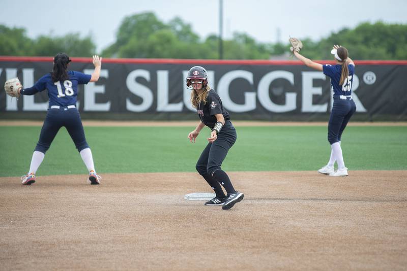 Antioch’s Miranda Gomez looks for help after stealing second against Lemont Friday, June 10, 2022 in the class 3A IHSA state softball semifinal game.