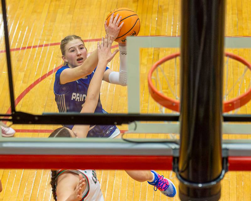 Payton Brandt (14) of Princeton lays up ball on Saturday, Feb. 7, 2026 in Sellett Gymnasium at L-P High School.