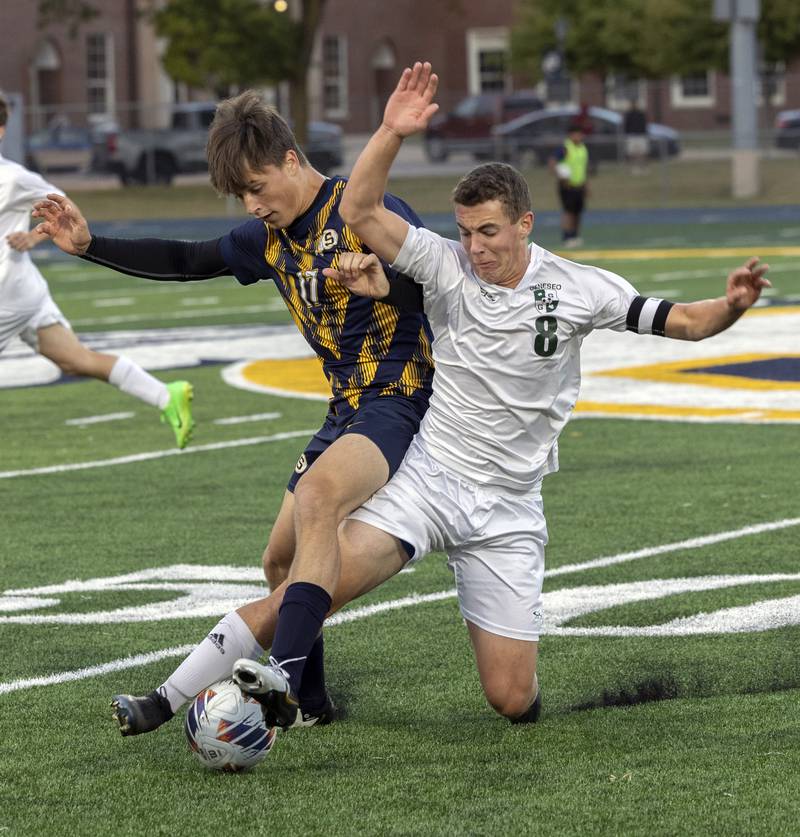 Sterling’s Billy Sullivan controls the ball against Geneseo’s Eric States Tuesday, October. 1, 2024, at Sterling High School.