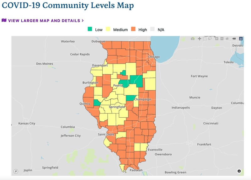The latest community levels map for COVID-19, as released by the Illinois Department of Public Health on Friday, July 29, 2022