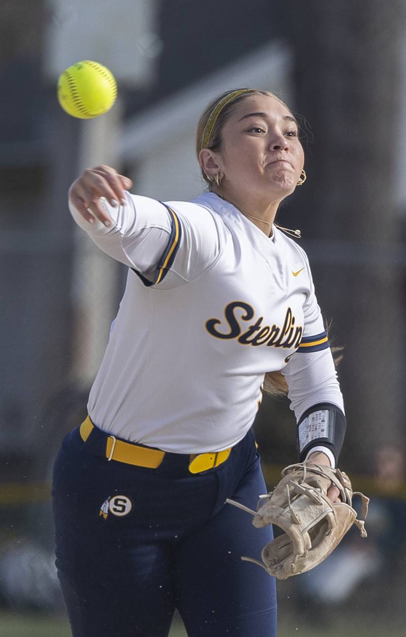 Sterling’s Mya Lira fires a throw to first for an out against Dixon Tuesday, March 24, 2026.