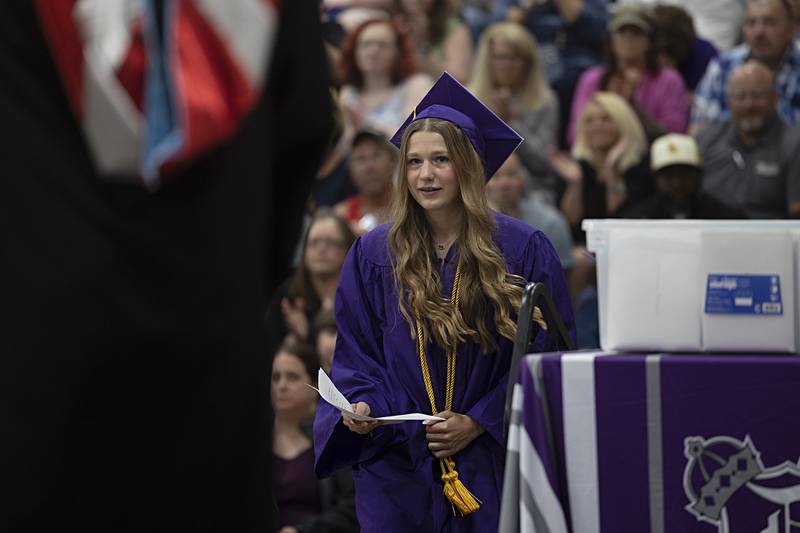 Salutatorian Teyla Wendt takes the stage for her speech Sunday, May 26, 2024 at Dixon High School’s graduation.
