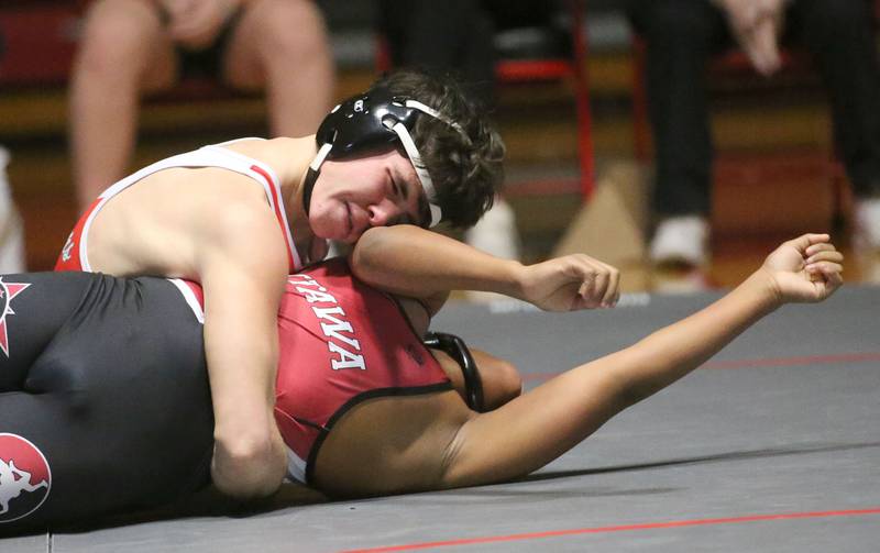 L-P's Caleb Plut pins Ottawa's Brayden Shields on Thursday, Jan. 9, 2025 in Sellett Gymnasium at L-P High School.