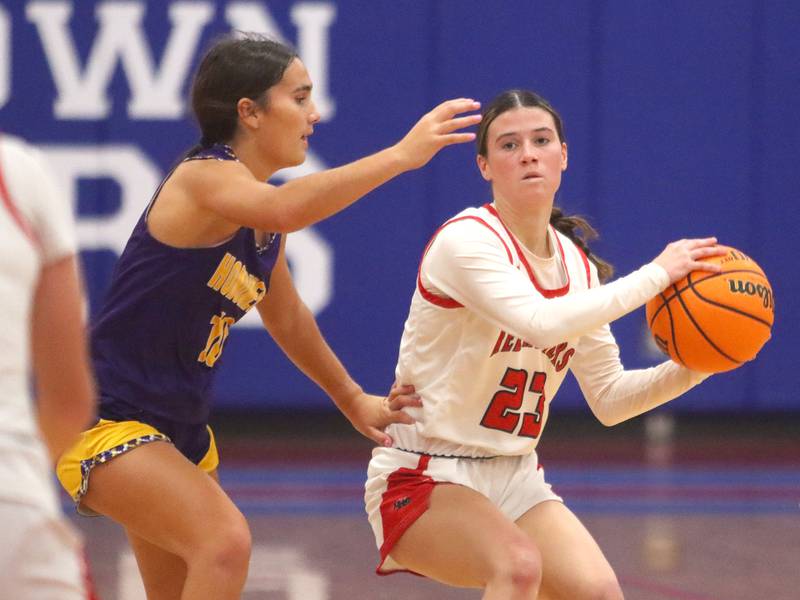 Huntley’s Aubrina Adamik moves the ball against Hononegah in girls basketball at Dundee-Crown High School in Carpentersville on Tuesday, November 25, 2025.