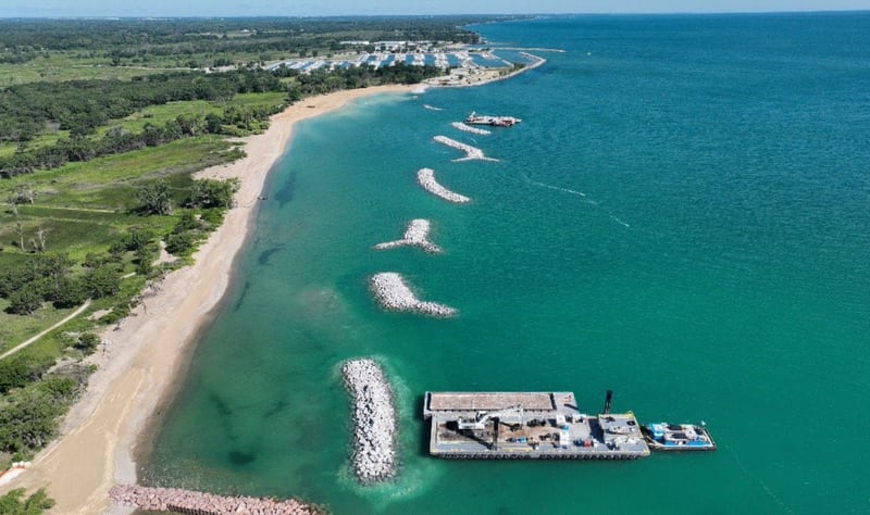 Breakwater structures being constructed along the Lake Michigan shoreline in Illinois Beach State Park.