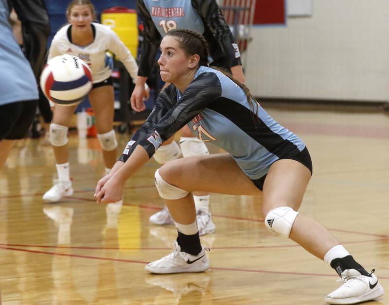 Marian Central's Hadley Rogge passes the ball forward during a nonconference volleyball match against McHenry Monday, Aug. 28, 2023, at Marian Central Catholic High School.