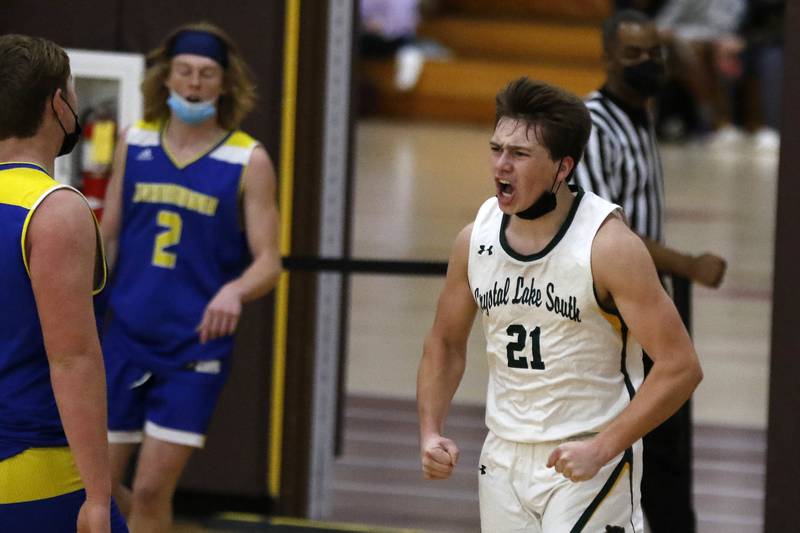 Crystal Lake South's Cooper LePage exudes emotion during their Hinkle Holiday Classic boys basketball tournament game against Johnsburg at Jacobs High School on Wednesday, Dec. 22, 2021 in Algonquin.