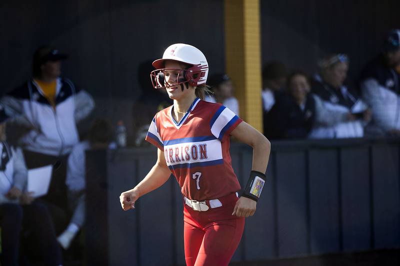 Morrison’s Isabella Duncan comes in after hitting a two-run home run against Sterling Wednesday, April 26, 2023.
