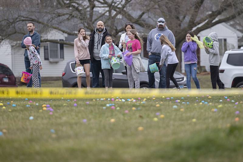 Older kids wait to hunt for eggs Saturday, March 30, 2024 at Centennial School in Polo.