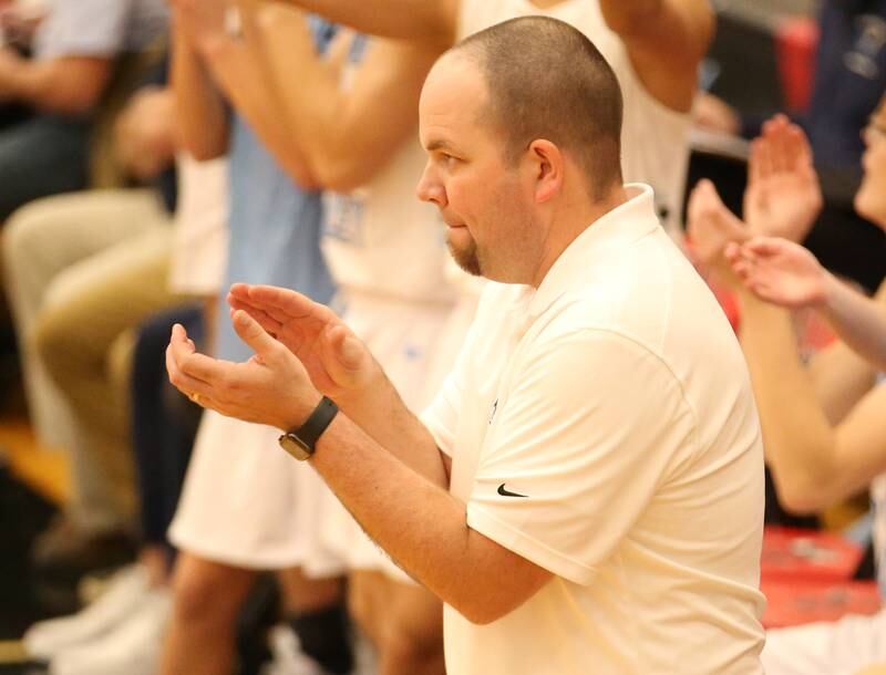Bureau Valley head boys basketball coach Jason Marquis coaches his team during the Colmone Classic tournament on Monday, Dec. 5, 2022 at Hall High School in Spring Valley.