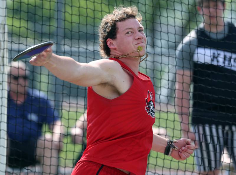 Ottawa’s Ethan Poutre competes in the discus Tuesday, May 13, 2025, during the Interstate 8 Conference boys track championships at Rochelle High School.