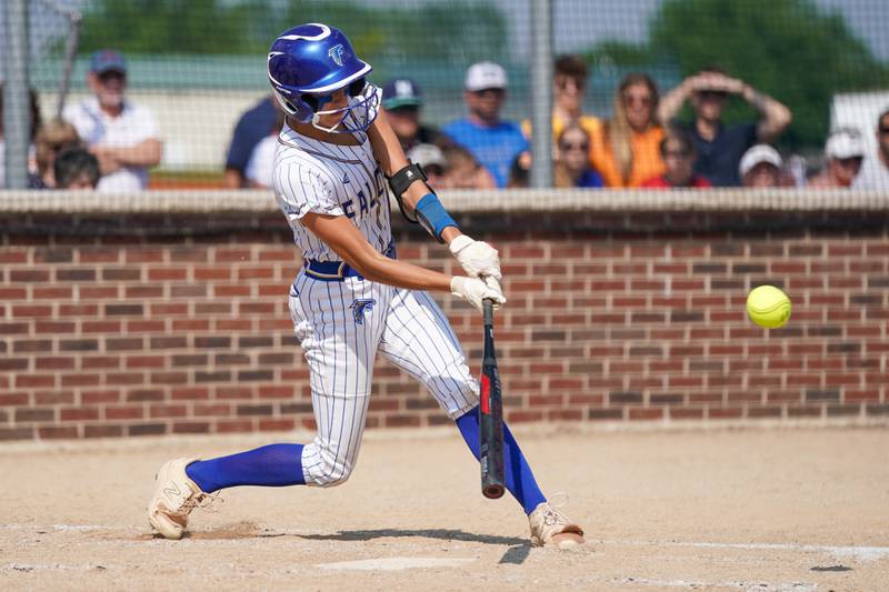Wheaton North's Abby Del Preto (12) doubles against Oswego during a Class 4A Oswego Sectional Final game at Oswego High School on Friday, June 6, 2025.