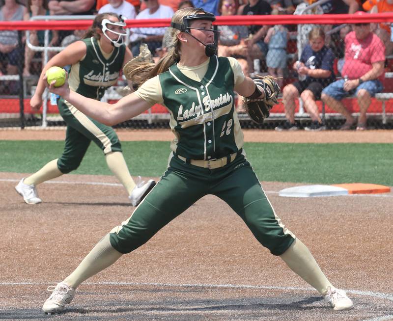 St. Bede's Ella Hermes delivers a pitch to Illini Bluffs in the Class 1A State championship game on Saturday, June 3, 2023 at the Louisville Slugger Sports Complex in Peoria.