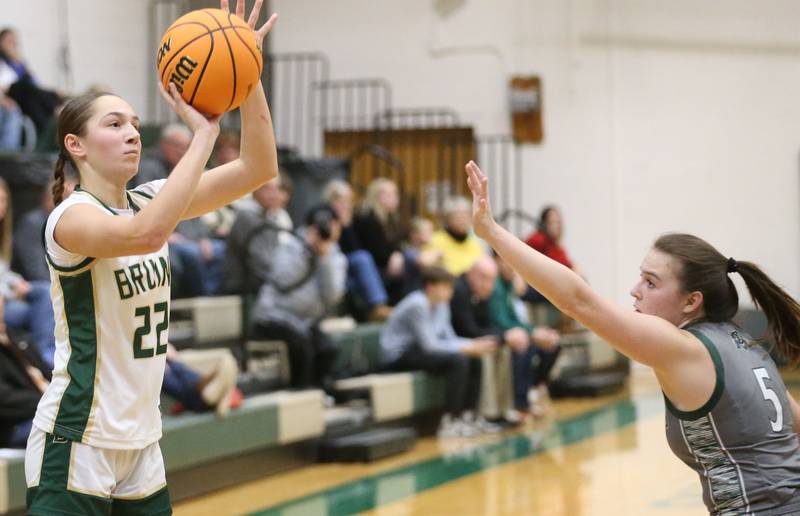 St. Bede's Hannah Heiberger shoots a jump shot over Midland's Ella Foster on Thursday, Dec. 4, 2025 at St. Bede Academy.