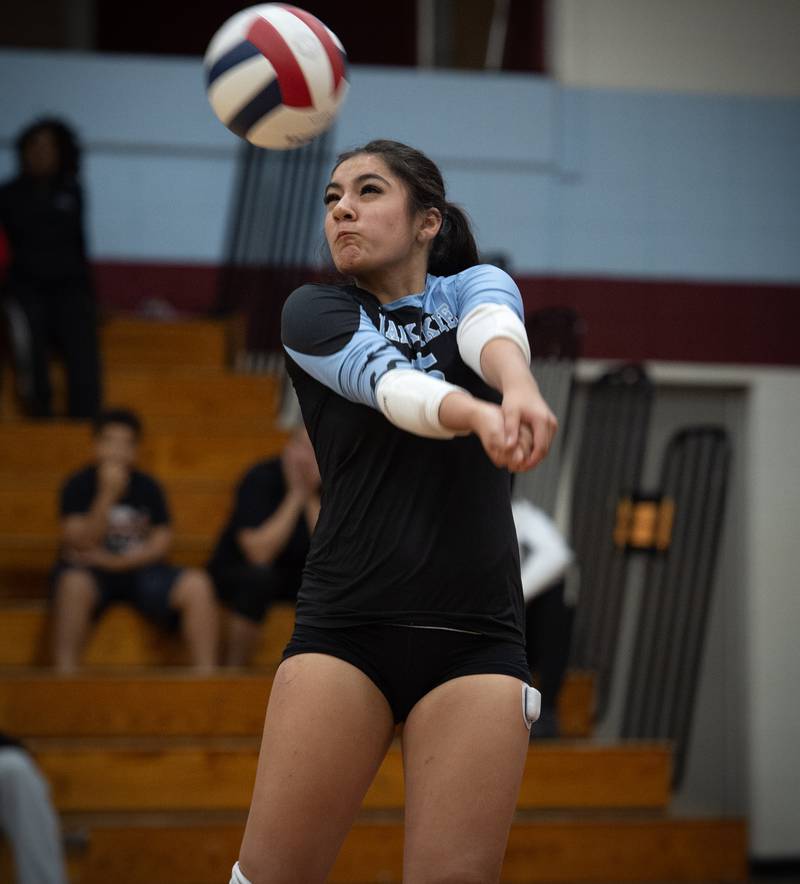 Kankakee's Shaila Suarez makes a return hit in a match against Bloom on Tuesday, October 14, 2025.