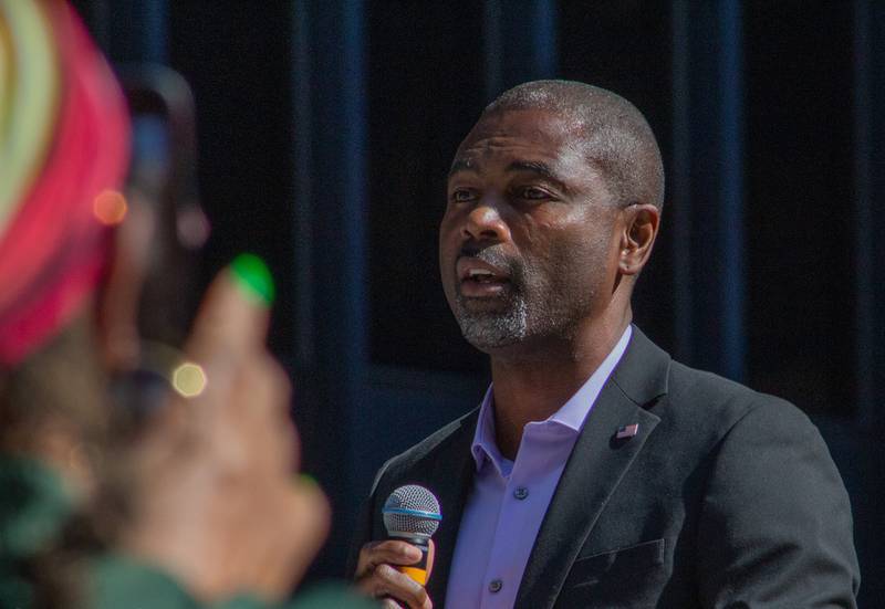 FILE – Rep. La Shawn Ford, D-Chicago, speaks to the crowd at Chicago’s Federal Plaza for the End Overdose Now rally in August 2023. Ford brought the idea of an overdose prevention site to Illinois lawmakers during a Wednesday news conference.