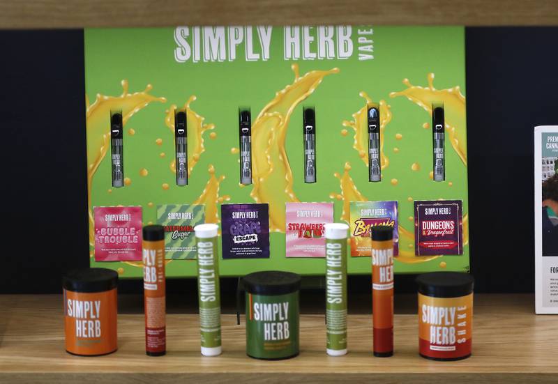 Product for sale at the Smokehouse, Illinois’ first dispensary located right on the water, in Fox Lake on Friday, July 25,2024. The dispensary located at 44 U.S. Route 12, features boat slips so customers on the Fox River Chain of Lakes can boat right up to the dispensary.