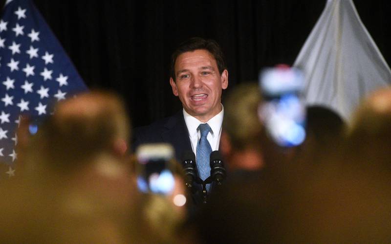 Florida Gov. Ron DeSanits, a possible Republican presidential candidate in 2024, spoke with police union members Monday at the Knights of Columbus Hall in Elmhurst.