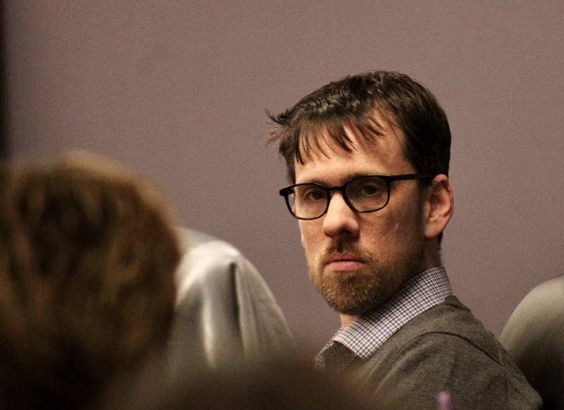 Jon Wadsworth, board of education member for Dixon Public Schools, listens to a discussion on the district's naming rights policy during the Wednesday, Feb. 15, 2023, session.