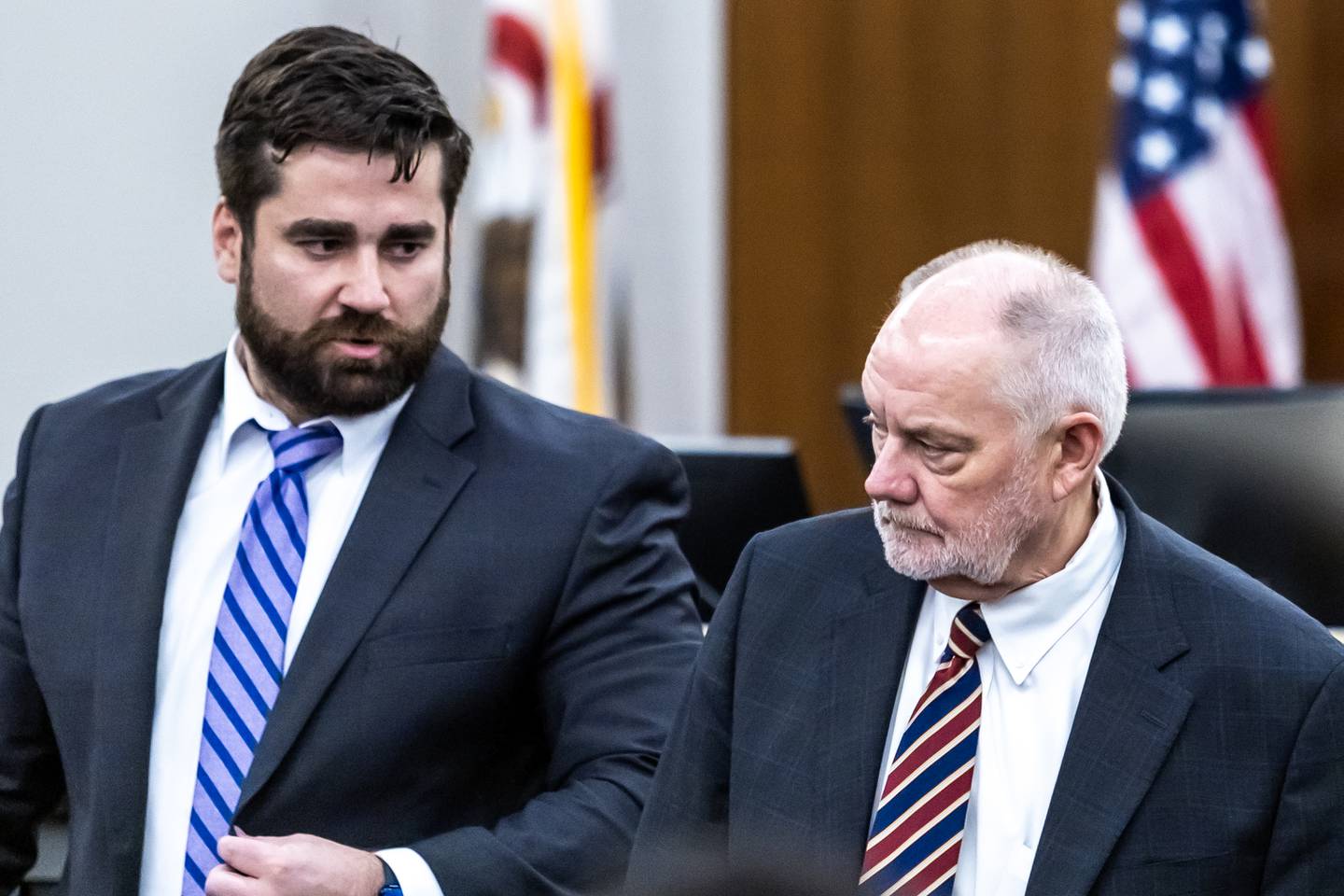 Defense attorneys Colin "CJ" Haney and Jeff Tomczak are on-site at the Will County Courthouse for the trial of Patrick Gleason on Sept. 24, 2025.