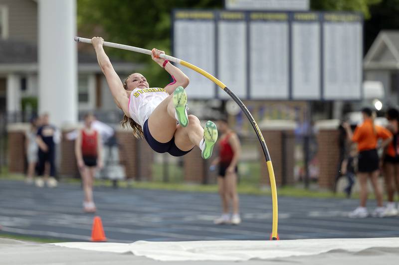 Sterling’s Presley Winters competes in the pole vault  Wednesday, May 14, 2025, during Sectionals at Sterling High School.
