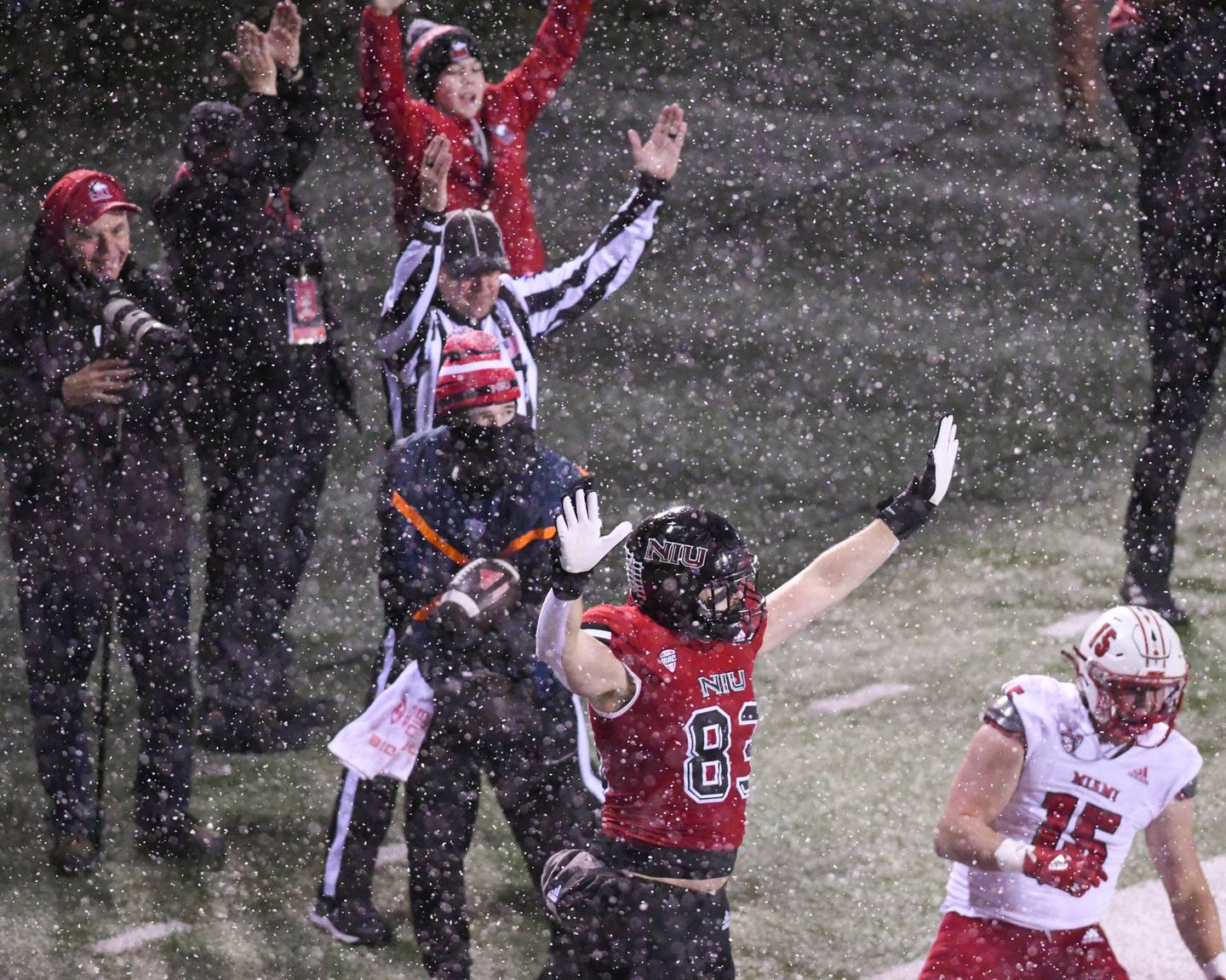 NIU Liam Soraghan, 83, celebrates after catching a pass from teammate QB Nevan Cremascoli in the first quarter Wednesday Nov. 16th at Huskies Stadium in DeKalb while taking on Miami of Ohio.