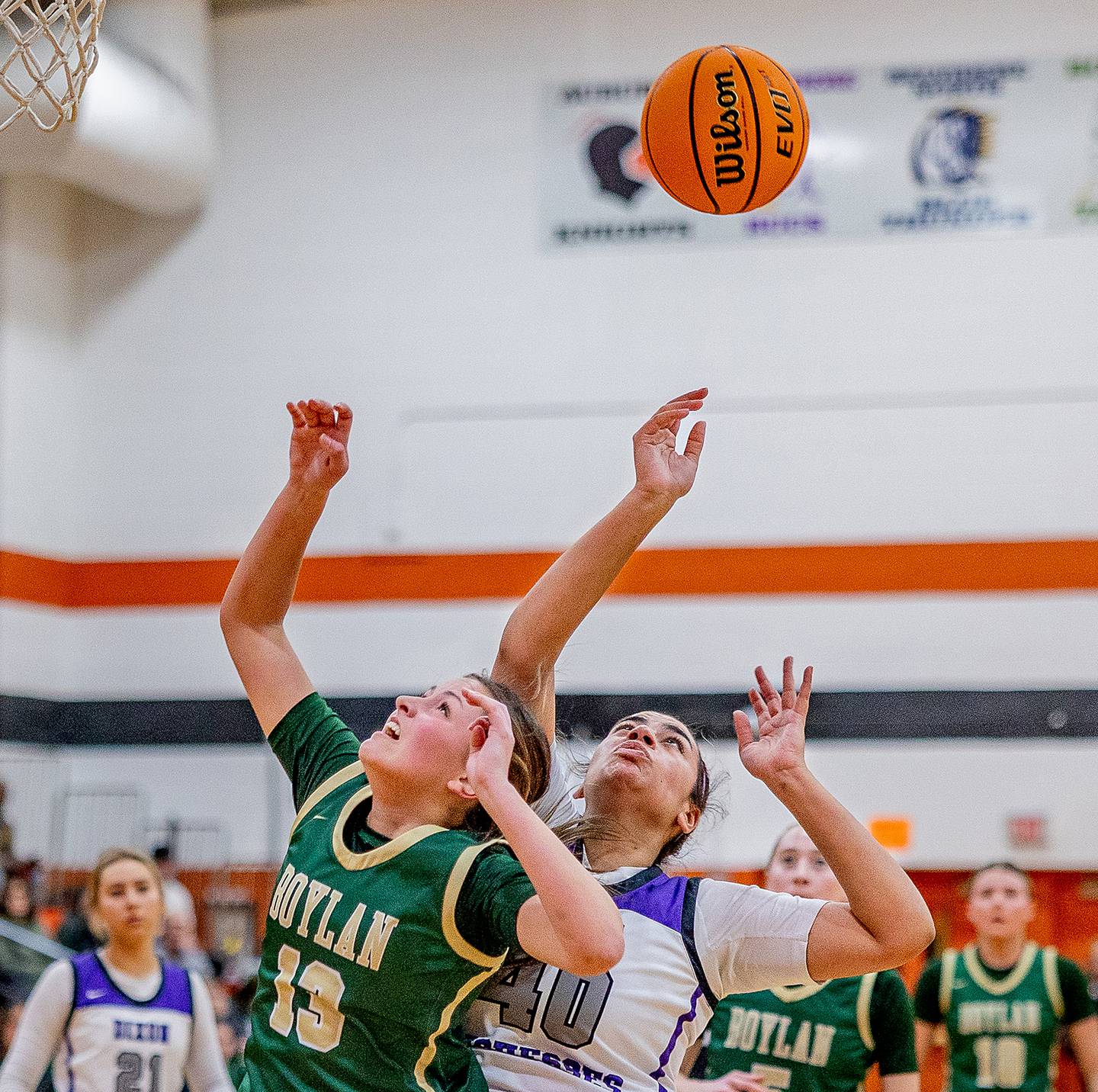 Dixon senior Hallie Williamson blocks Boylan Gianna Digiovanni's shot during the first half of action at Freeport High School on Thursday, February 20, 2025.
