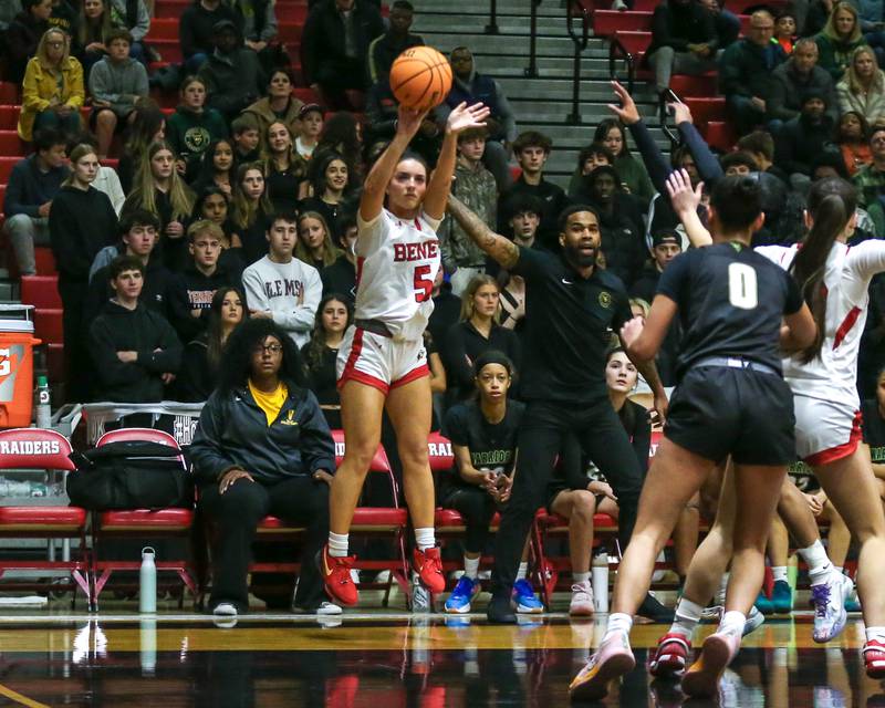 Benet's Ava Thomas (5) shoots a jumper during their Class 4A Bolingbrook Sectional final basketball game between Waubonsie Valley at Benet. Feb 27, 2025 in Bolingbrook.