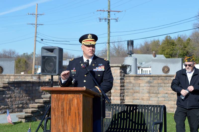 Retired U.S. Army Col. Jerry Newman serves as the keynote speaker for the Veterans Day ceremony on Monday, Nov. 11, 2024, at Dixon's Veterans Memorial Park.