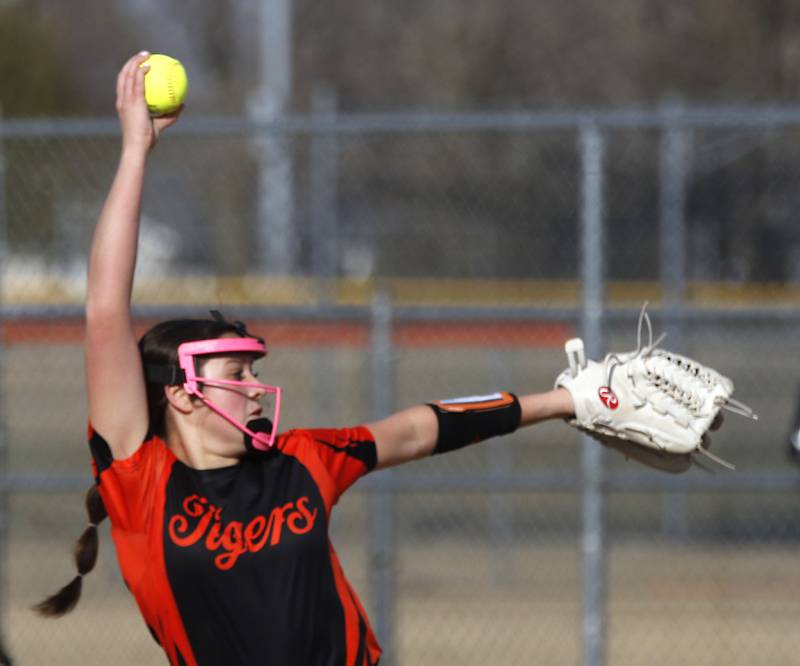 Crystal Lake Central's Oli Victorine throws a pitch during a nonconference softball game against Wauconda on Friday, March 20, 2026, at Crystal Lake Central High School.
