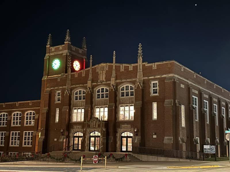The famous clocktower at La Salle-Peru Township High School has red and green bulbs inside of it. This is the first year that the school lit up the clocktower with the colors red and green. The famous clocktower at La Salle-Peru Township High School has red and green bulbs inside of it. This is the first year that the school lit up the clocktower with the colors red and green.