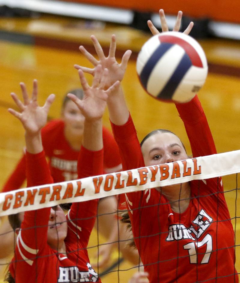 Huntley's Rachael Hein (left) and Lucy Watson block a shot during a Fox Valley Conference volleyball match against Crystal Lake Central on Tuesday,Aug. 26, 2025, at Crystal Lake Central High School.