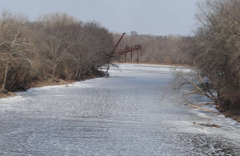The Vermilion River remains frozen at it meets the Illinois River on Tuesday, Jan. 21, 2025 in Jonesville.